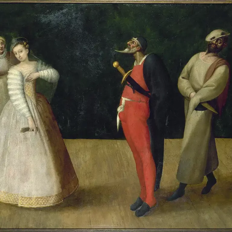 Détail d'une peinture du 16è siècle montrant une troupe de personnages de commedia dell'arte.